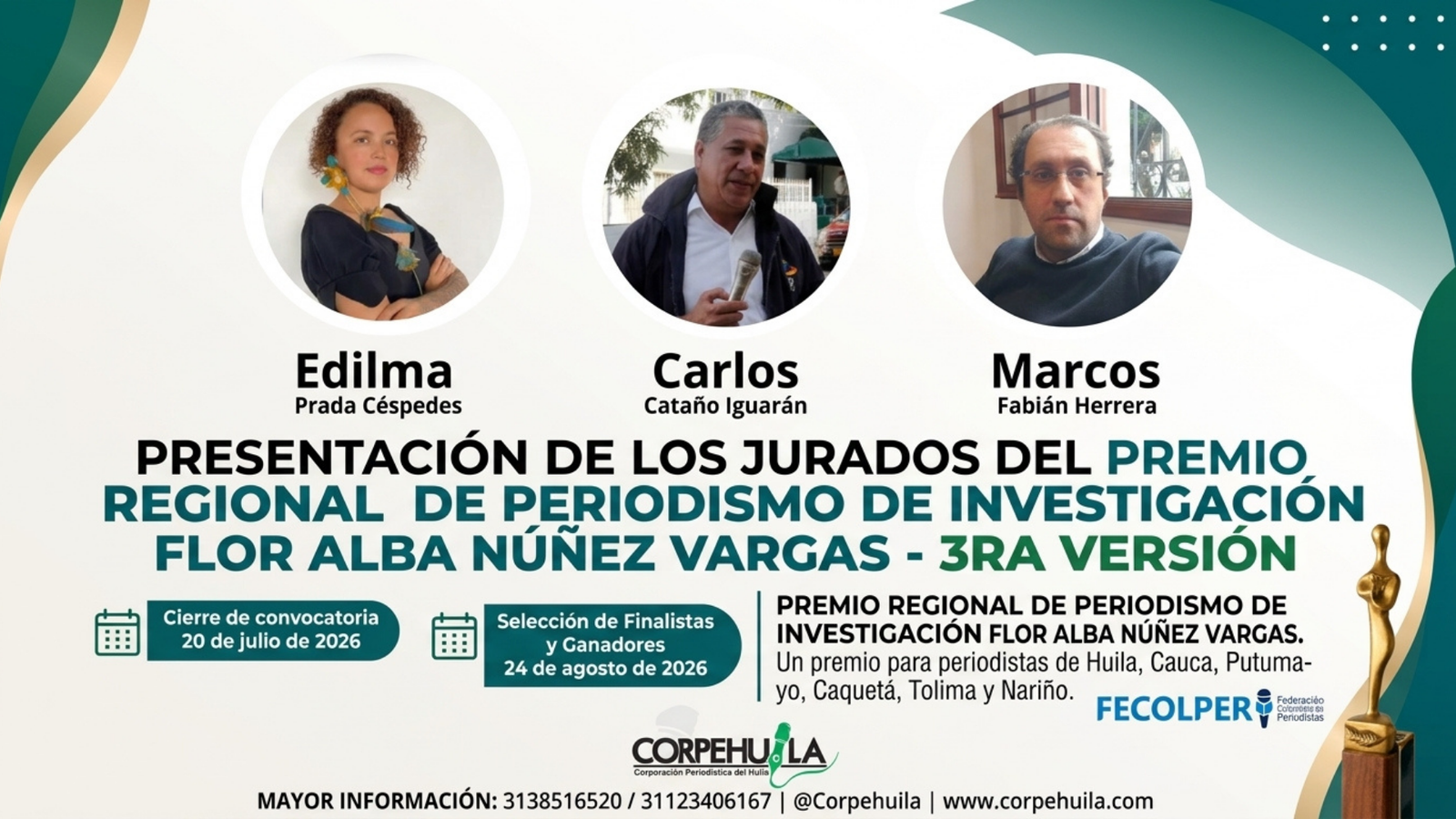 Dos departamentos, cinco categorías y 13 trabajos hacen parte de la tercera versión del Premio Regional de Periodismo de Investigación Flor Alba Núñez Vargas. Tercera versión. Periodismo de investigación regional se abre paso @tvnoticiascol @enlacepaishuila